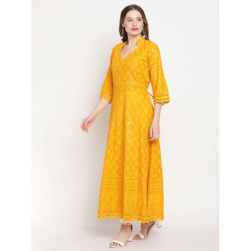 Mayawye Women's Casual 3/4th Sleeve Embroidered Cotton Kurti (Mustard)