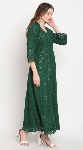 Mayawye Women's Casual 3/4th Sleeve Embroidered Cotton Kurti (Dark Green)