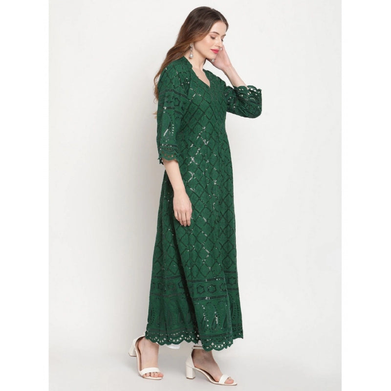 Mayawye Women's Casual 3/4th Sleeve Embroidered Cotton Kurti (Dark Green)