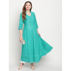 Mayawye Women's Casual 3/4th Sleeve Embroidered Cotton Kurti (Blue)