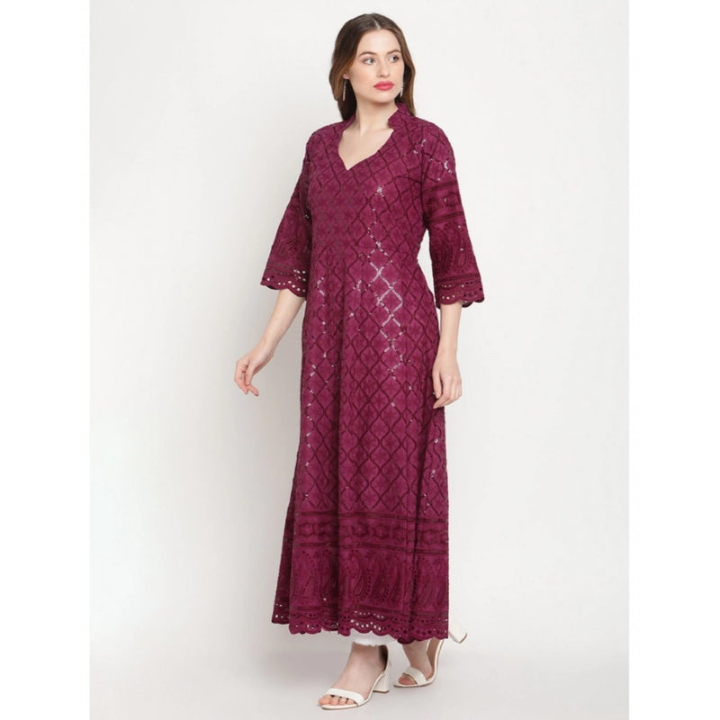 Mayawye Women's Casual 3/4th Sleeve Embroidered Cotton Kurti (Purple)