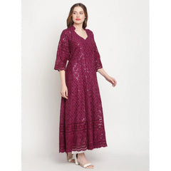 Mayawye Women's Casual 3/4th Sleeve Embroidered Cotton Kurti (Purple)