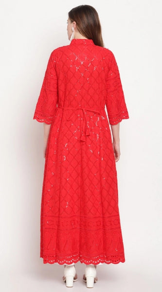 Mayawye Women's Casual 3/4th Sleeve Embroidered Cotton Kurti (Red)