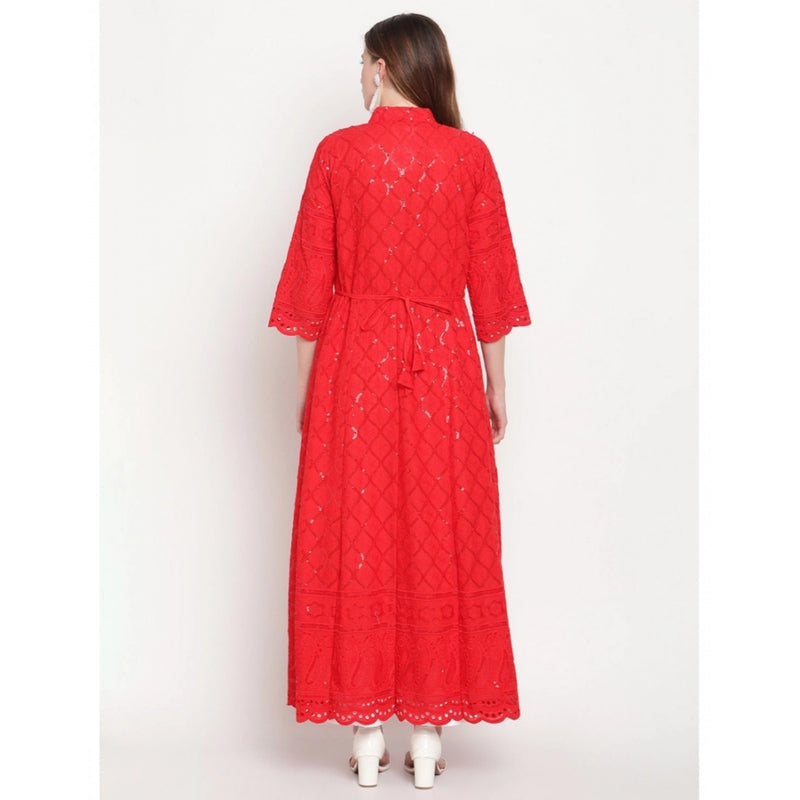 Mayawye Women's Casual 3/4th Sleeve Embroidered Cotton Kurti (Red)