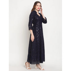 Mayawye Women's Casual 3/4th Sleeve Embroidered Cotton Kurti (Navy Blue)