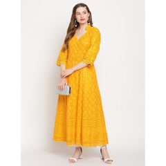 Mayawye Women's Casual 3/4th Sleeve Embroidered Cotton Kurti (Mustard)