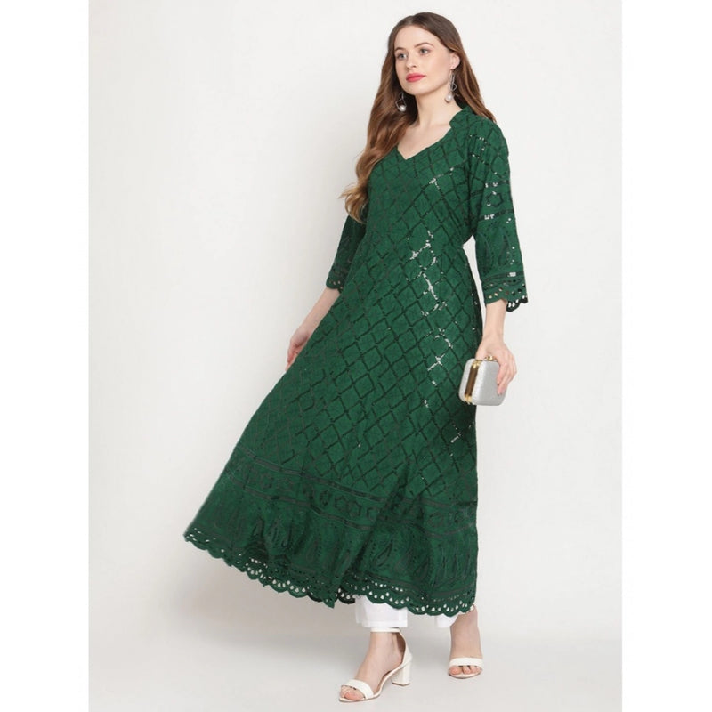 Mayawye Women's Casual 3/4th Sleeve Embroidered Cotton Kurti (Dark Green)
