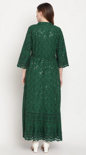 Mayawye Women's Casual 3/4th Sleeve Embroidered Cotton Kurti (Dark Green)