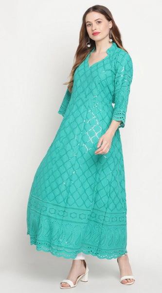 Mayawye Women's Casual 3/4th Sleeve Embroidered Cotton Kurti (Blue)