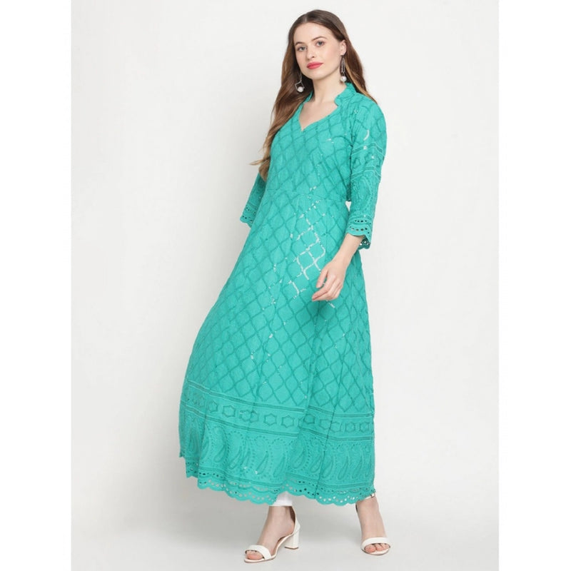 Mayawye Women's Casual 3/4th Sleeve Embroidered Cotton Kurti (Blue)