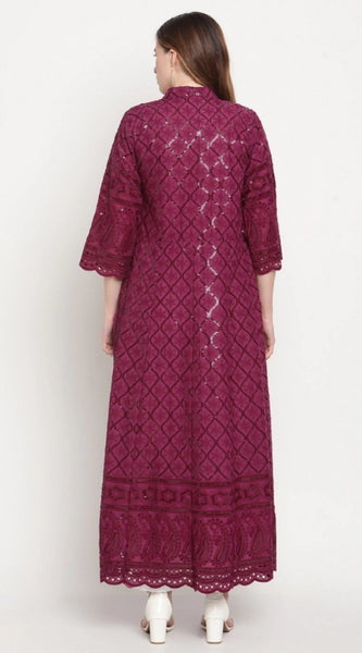Mayawye Women's Casual 3/4th Sleeve Embroidered Cotton Kurti (Purple)