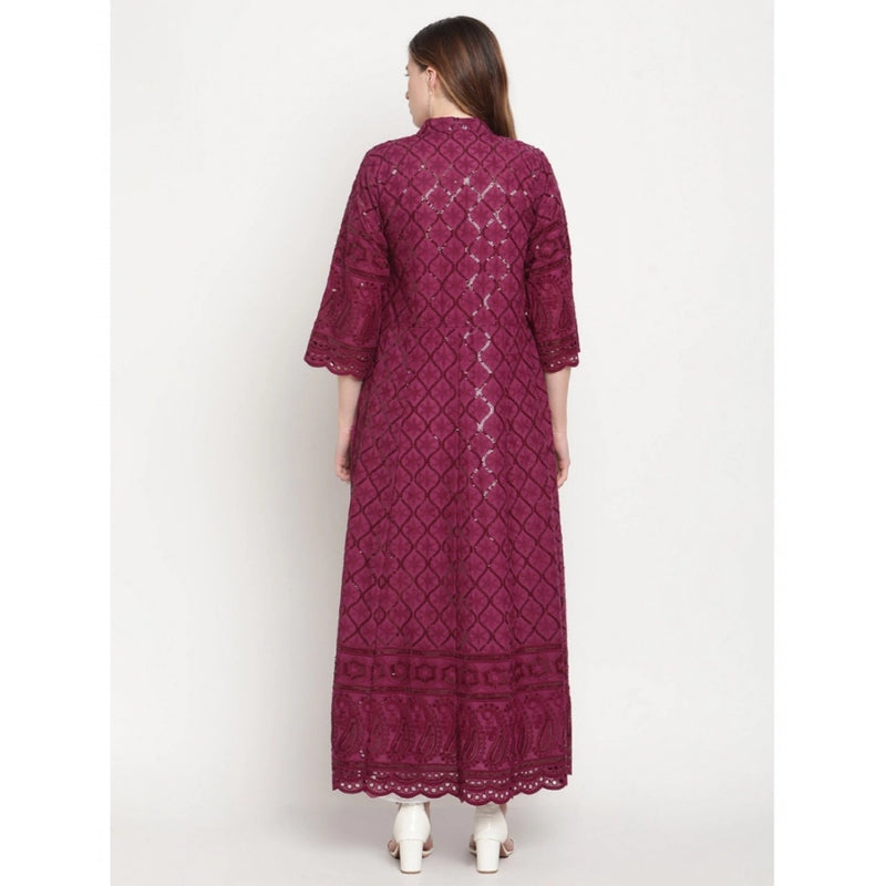 Mayawye Women's Casual 3/4th Sleeve Embroidered Cotton Kurti (Purple)