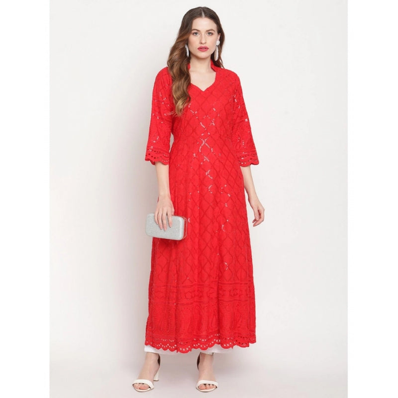 Mayawye Women's Casual 3/4th Sleeve Embroidered Cotton Kurti (Red)