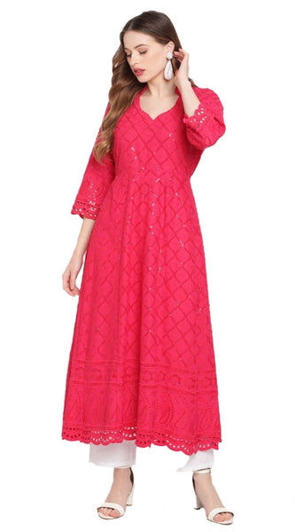 Mayawye Women's Casual 3/4th Sleeve Embroidered Cotton Kurti (Magenta)
