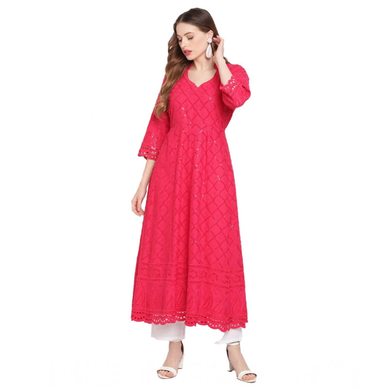 Mayawye Women's Casual 3/4th Sleeve Embroidered Cotton Kurti (Magenta)