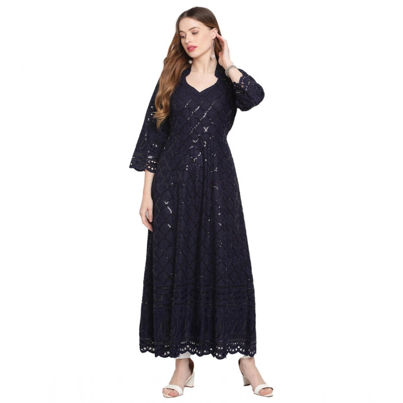 Mayawye Women's Casual 3/4th Sleeve Embroidered Cotton Kurti (Navy Blue)