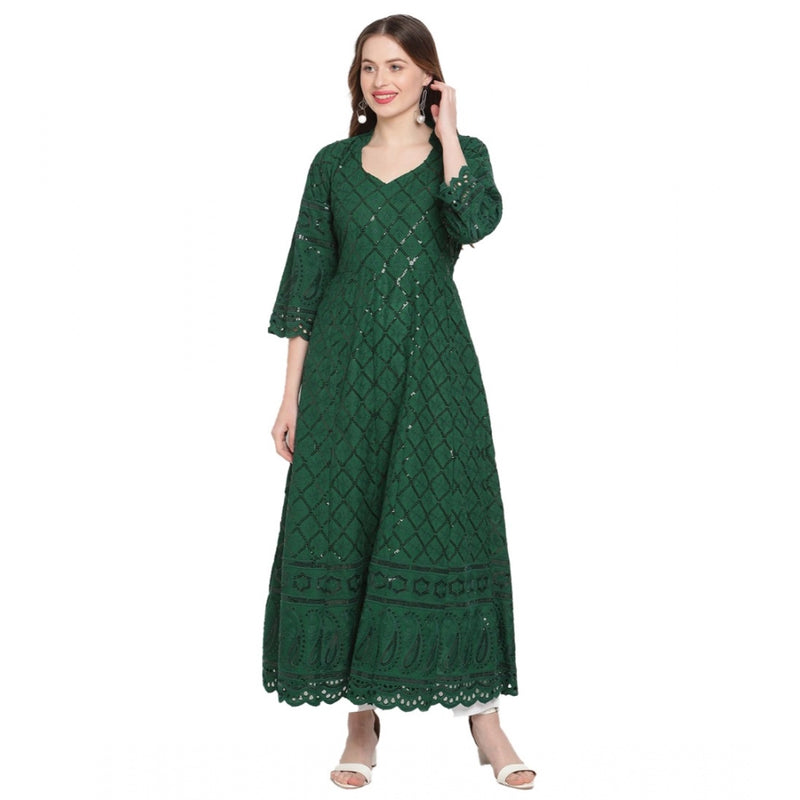 Mayawye Women's Casual 3/4th Sleeve Embroidered Cotton Kurti (Dark Green)