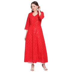 Mayawye Women's Casual 3/4th Sleeve Embroidered Cotton Kurti (Red)