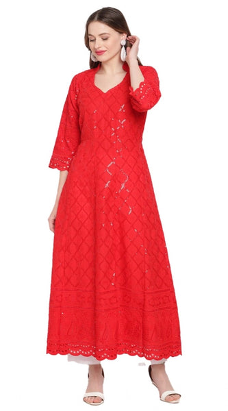 Mayawye Women's Casual 3/4th Sleeve Embroidered Cotton Kurti (Red)