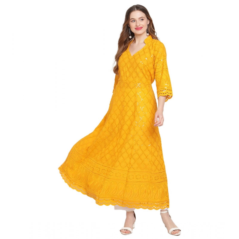 Mayawye Women's Casual 3/4th Sleeve Embroidered Cotton Kurti (Mustard)