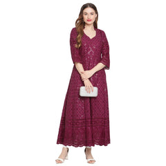 Mayawye Women's Casual 3/4th Sleeve Embroidered Cotton Kurti (Purple)