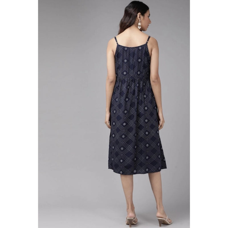 Mayawye Women's Casual Sleeveless Stripe Printed Rayon Dress (Blue)