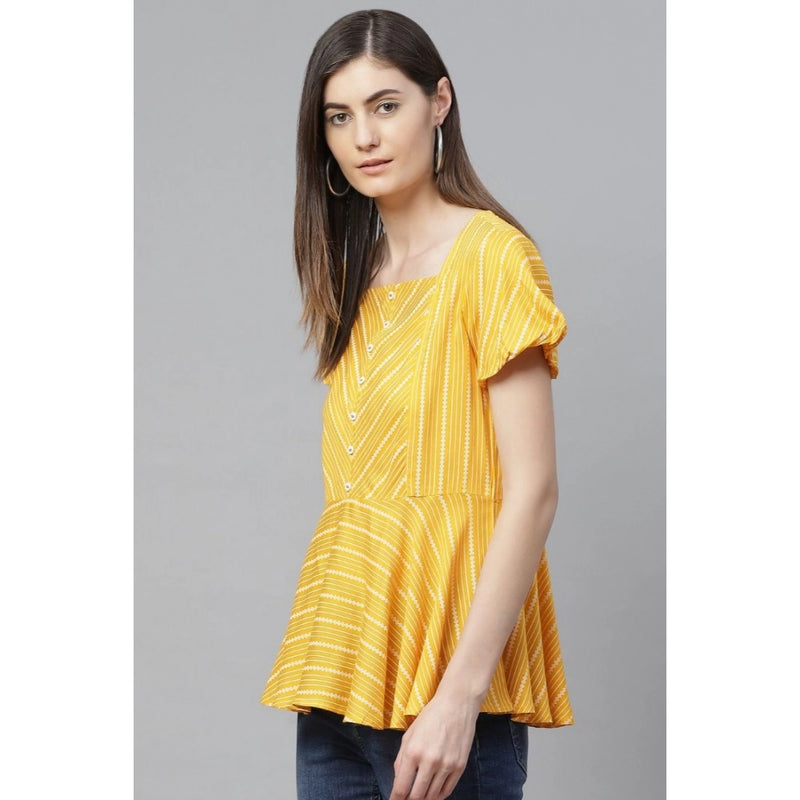 Mayawye Women's Casual Short Sleeves Stripe Printed Rayon Top (Mustard)