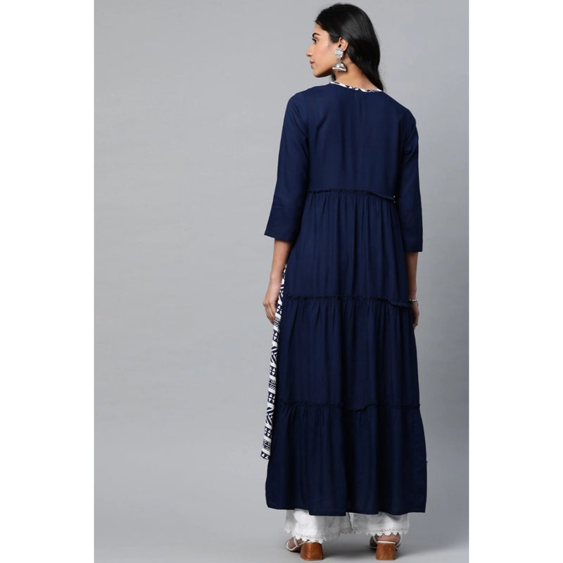 Mayawye Women's Casual 3/4 th Sleeve Geometric Rayon Kurti (Navy Blue)