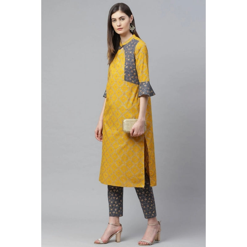 Mayawye Women's Casual Bell Sleeves Geomatrical Printed Cotton Kurti Set (Yellow)