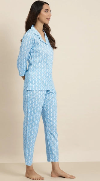 Mayawye Women's Casual 3/4 th Sleeve Floral Printed Rayon Shirt With Pyjama Pant Night Suit Set (Blue)
