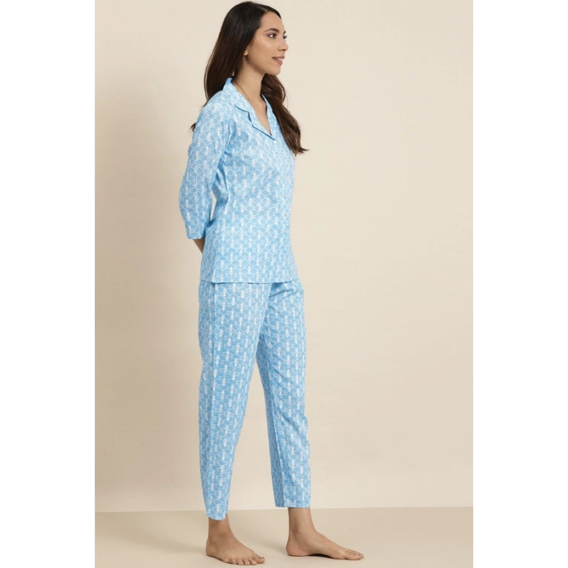 Mayawye Women's Casual 3/4 th Sleeve Floral Printed Rayon Shirt With Pyjama Pant Night Suit Set (Blue)