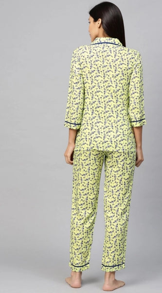 Mayawye Women's Casual 3/4 Sleeve Floral Printed Rayon Shirt With Pyjama Pant Night Suit Set (Green)