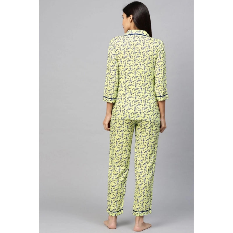Mayawye Women's Casual 3/4 Sleeve Floral Printed Rayon Shirt With Pyjama Pant Night Suit Set (Green)