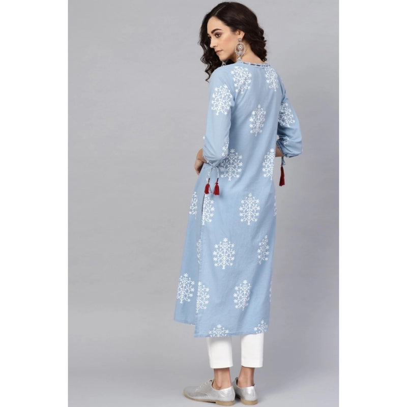 Mayawye Women's Casual 3/4 th Sleeve Embroidery Cambric Cotton Kurti (Blue)