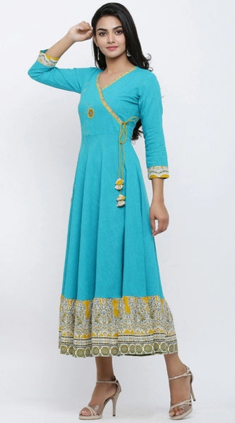 Mayawye Women's Casual 3/4 th Sleeve Embroidery Cotton Blend Kurti (Torque Green)