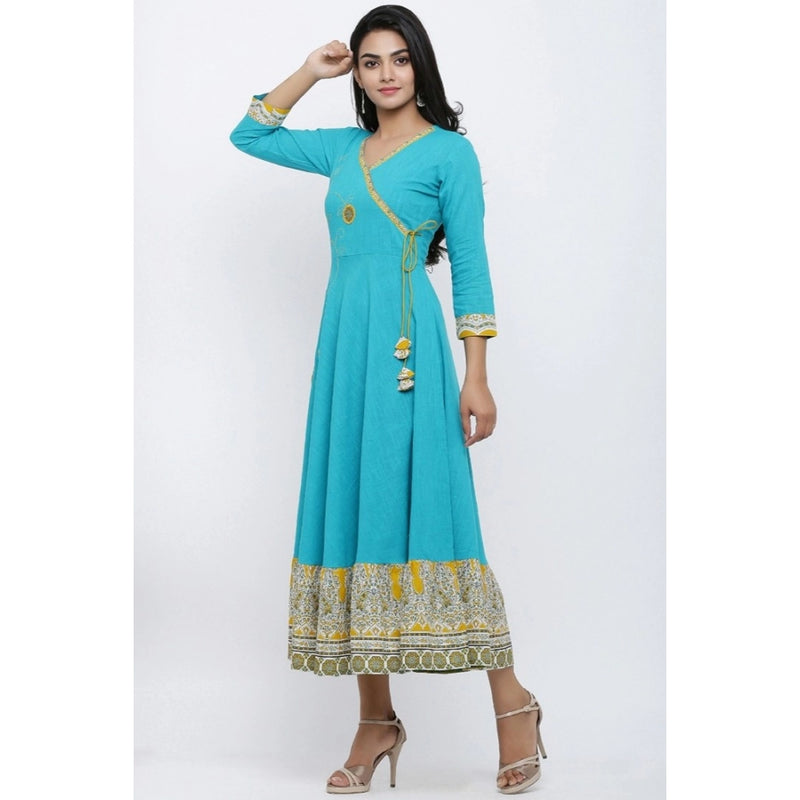 Mayawye Women's Casual 3/4 th Sleeve Embroidery Cotton Blend Kurti (Torque Green)