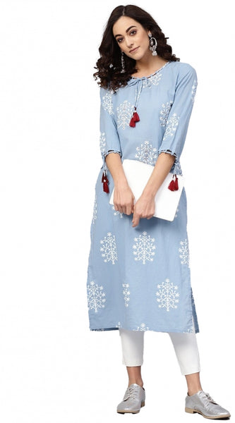 Mayawye Women's Casual 3/4 th Sleeve Embroidery Cambric Cotton Kurti (Blue)