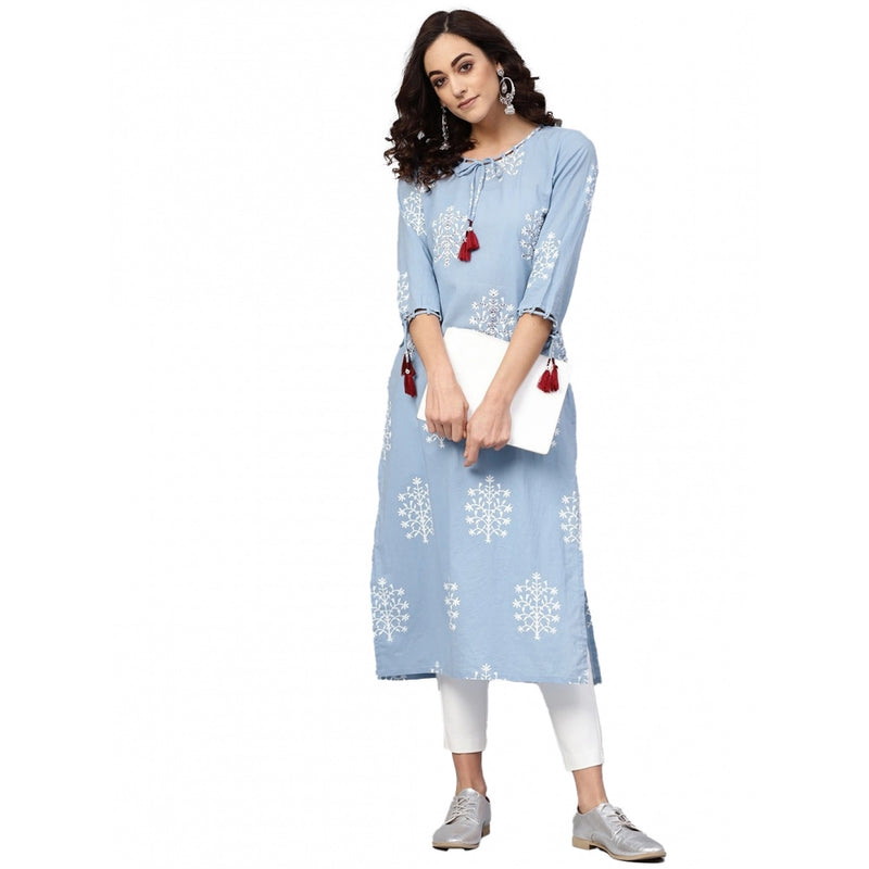 Mayawye Women's Casual 3/4 th Sleeve Embroidery Cambric Cotton Kurti (Blue)