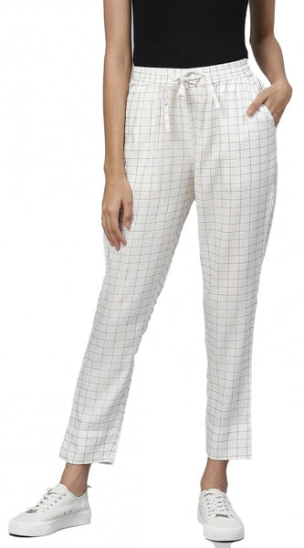 Mayawye Women's Casual Checked Rayon Trouser Pant (White)