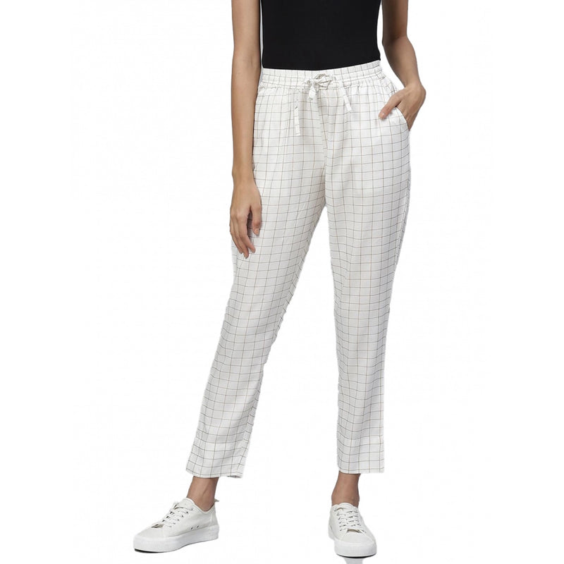 Mayawye Women's Casual Checked Rayon Trouser Pant (White)