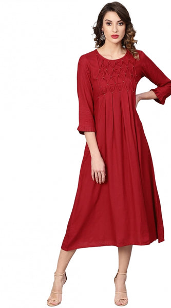 Mayawye Women's Casual 3/4 th Sleeve Solid Rayon Dobby Dress (Maroon)