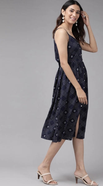 Mayawye Women's Casual Sleeveless Stripe Printed Rayon Dress (Blue)