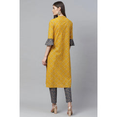 Mayawye Women's Casual Bell Sleeves Geomatrical Printed Cotton Kurti Set (Yellow)