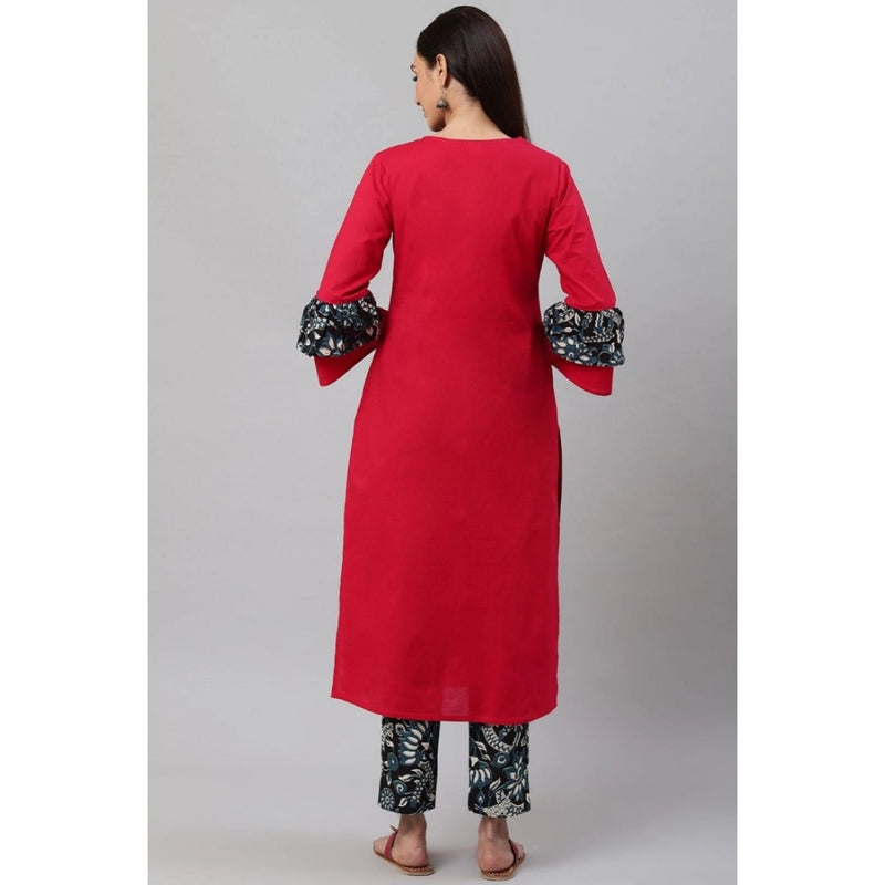 Mayawye Women's Casual Bell Sleeves Floral Printed Cotton Kurti Set (Rani Pink)