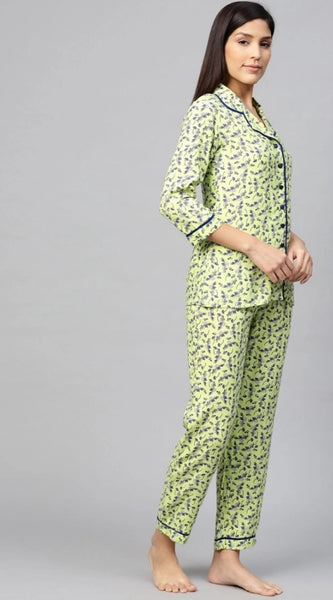 Mayawye Women's Casual 3/4 Sleeve Floral Printed Rayon Shirt With Pyjama Pant Night Suit Set (Green)