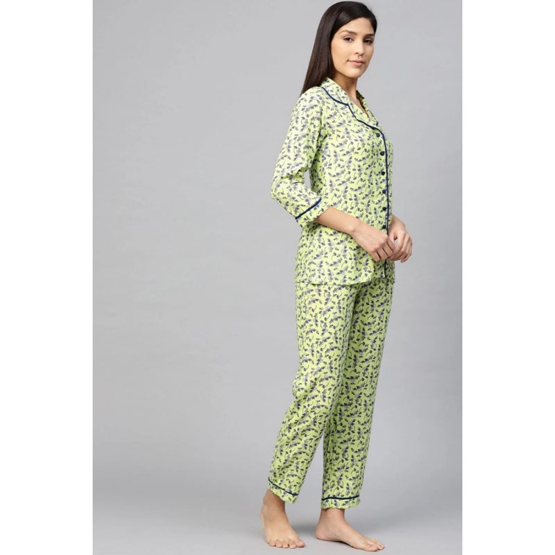 Mayawye Women's Casual 3/4 Sleeve Floral Printed Rayon Shirt With Pyjama Pant Night Suit Set (Green)