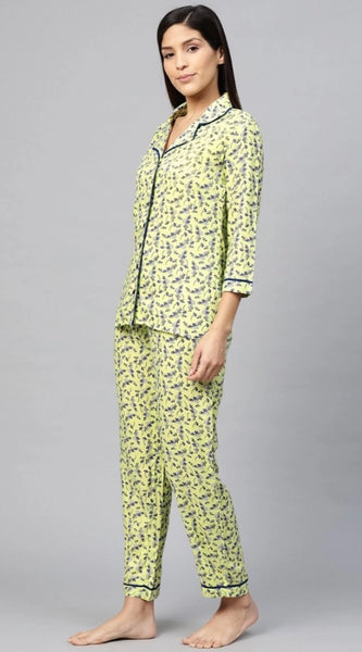 Mayawye Women's Casual 3/4 Sleeve Floral Printed Rayon Shirt With Pyjama Pant Night Suit Set (Green)