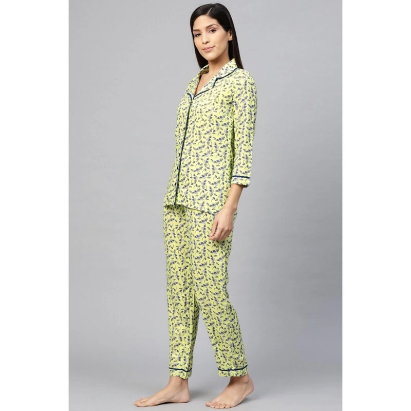 Mayawye Women's Casual 3/4 Sleeve Floral Printed Rayon Shirt With Pyjama Pant Night Suit Set (Green)