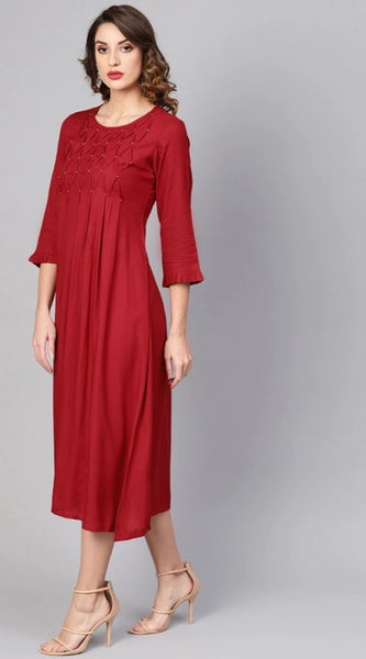 Mayawye Women's Casual 3/4 th Sleeve Solid Rayon Dobby Dress (Maroon)
