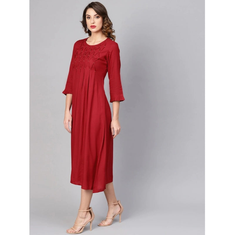 Mayawye Women's Casual 3/4 th Sleeve Solid Rayon Dobby Dress (Maroon)